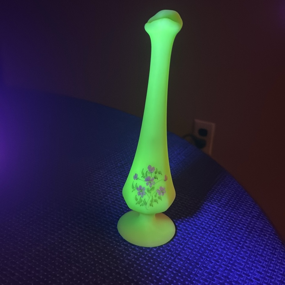 Fenton Uranium Custard Glass Bud Vase--Hand Painted/Artist Signed